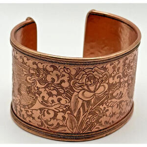 Wide Copper Cuff Floral Engraved Bracelet, Nepalese, Artisnal, Cultural Jewelry